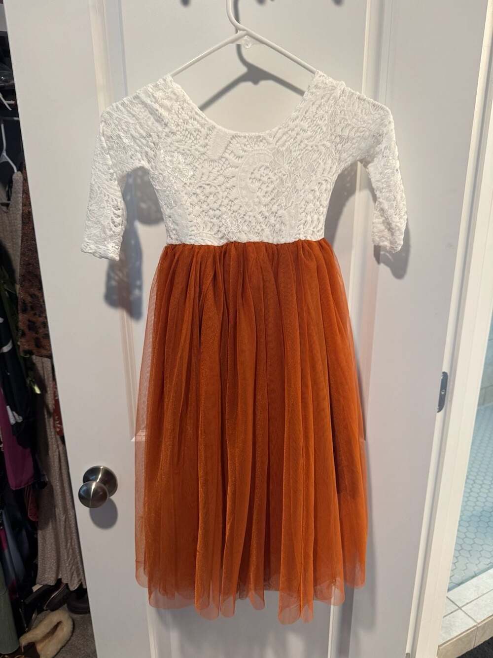 2Bunnies Peony Lace Sleeve Maxi Toddler Flower Girl Dress in Rust/Burnt Orange